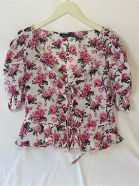 Boohoo White Pink Floral Tie-Front Blouse